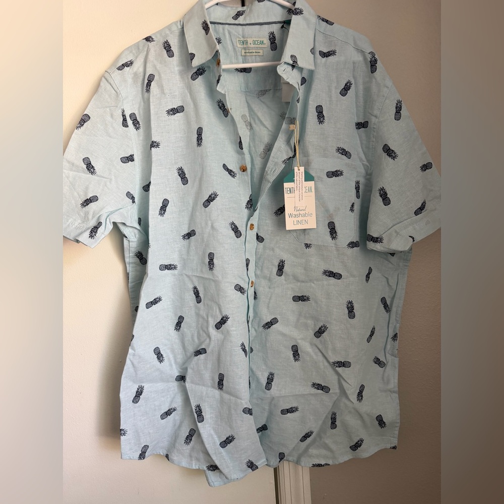Light Blue Pineapple Print Short-Sleeve Linen Shirt